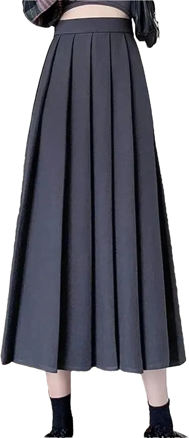 Vintage Black High Waist Pleated Skirt Women Korean Fashion Midi Long Skirt Casual Female A Line Skirts