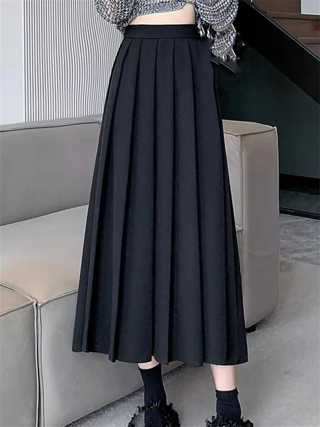 Vintage Black High Waist Pleated Skirt Women Korean Fashion Midi Long Skirt Casual Female A Line Skirts