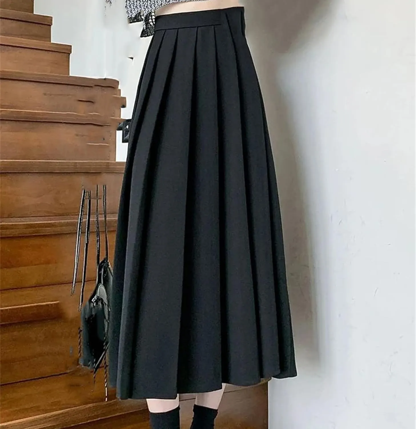 Vintage Black High Waist Pleated Skirt Women Korean Fashion Midi Long Skirt Casual Female A Line Skirts
