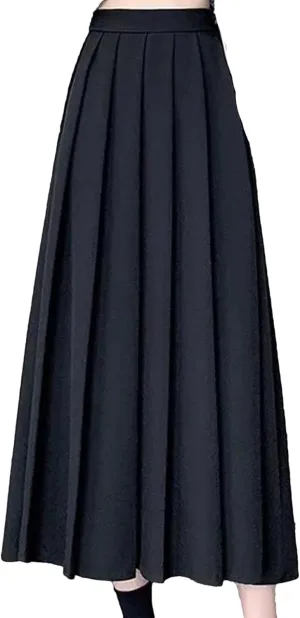 Vintage Black High Waist Pleated Skirt Women Korean Fashion Midi Long Skirt Casual Female A Line Skirts