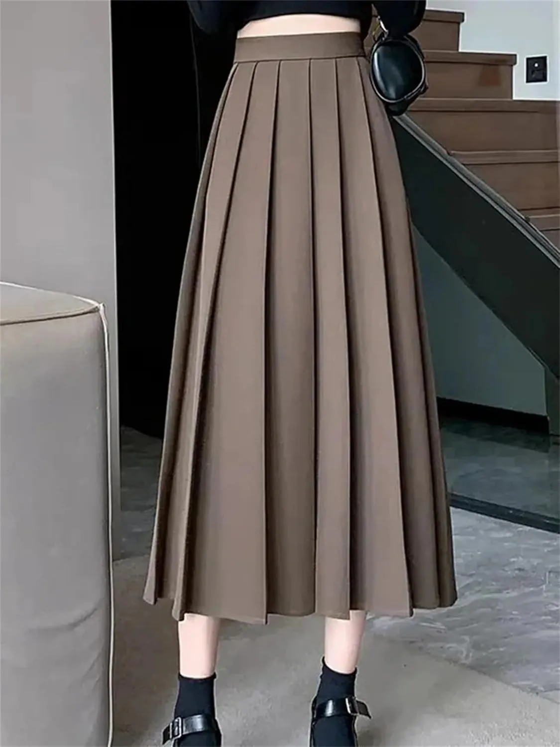 Vintage Black High Waist Pleated Skirt Women Korean Fashion Midi Long Skirt Casual Female A Line Skirts