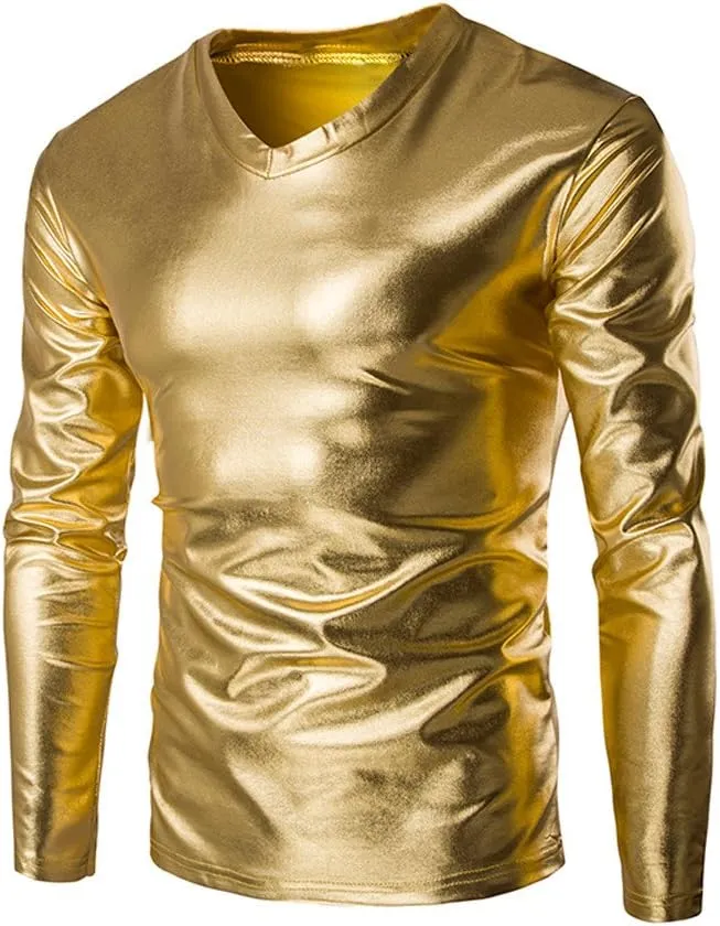 VOWUA Mens Shirts Tunic Tops Metallic Shiny Wet Look T-Shirt Patent Leather Hip Hop Nightclub Party Blouse