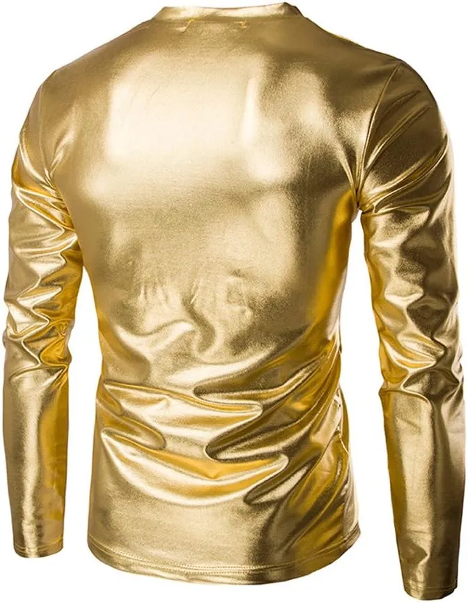 VOWUA Mens Shirts Tunic Tops Metallic Shiny Wet Look T-Shirt Patent Leather Hip Hop Nightclub Party Blouse