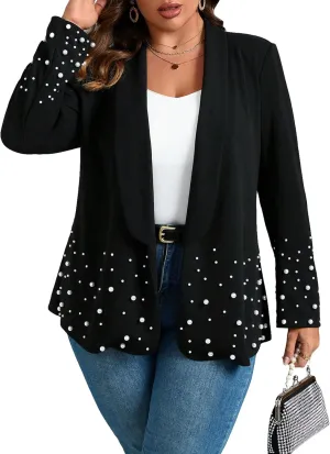 WDIRARA Women's Pearls Trim Blazers Open Front Long Sleeve Shawl Collar Elegant Suits Jackets