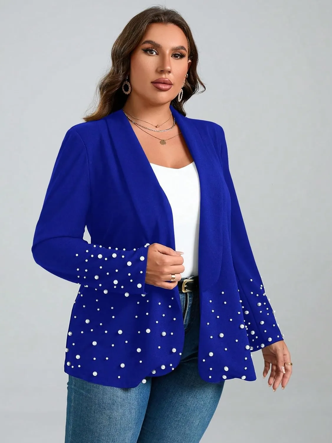 WDIRARA Women's Pearls Trim Blazers Open Front Long Sleeve Shawl Collar Elegant Suits Jackets