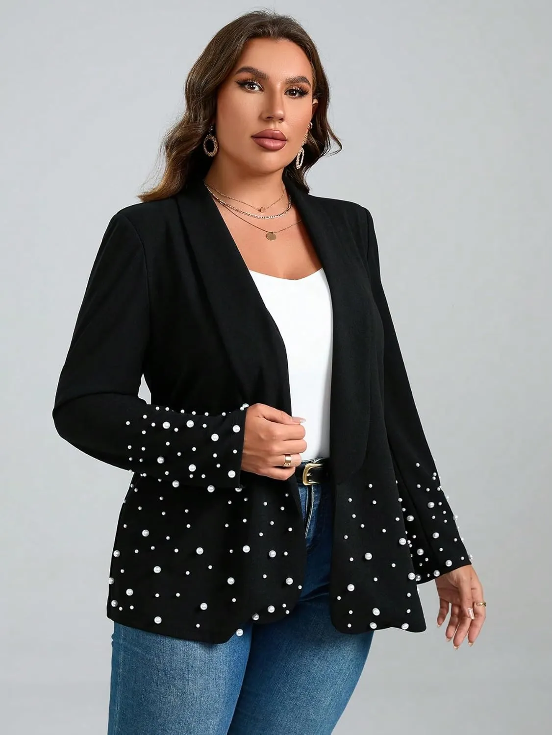 WDIRARA Women's Pearls Trim Blazers Open Front Long Sleeve Shawl Collar Elegant Suits Jackets