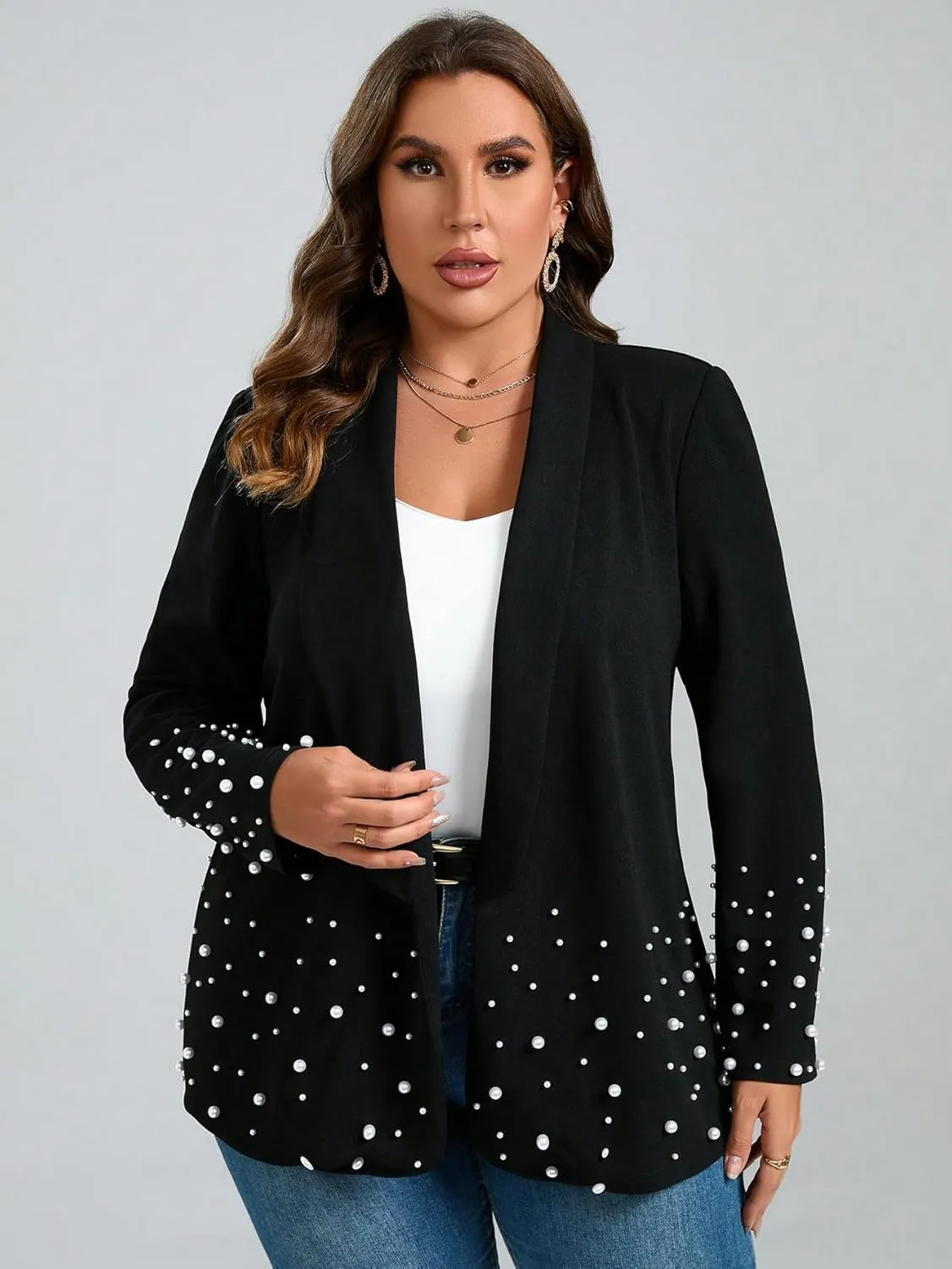 WDIRARA Women's Pearls Trim Blazers Open Front Long Sleeve Shawl Collar Elegant Suits Jackets