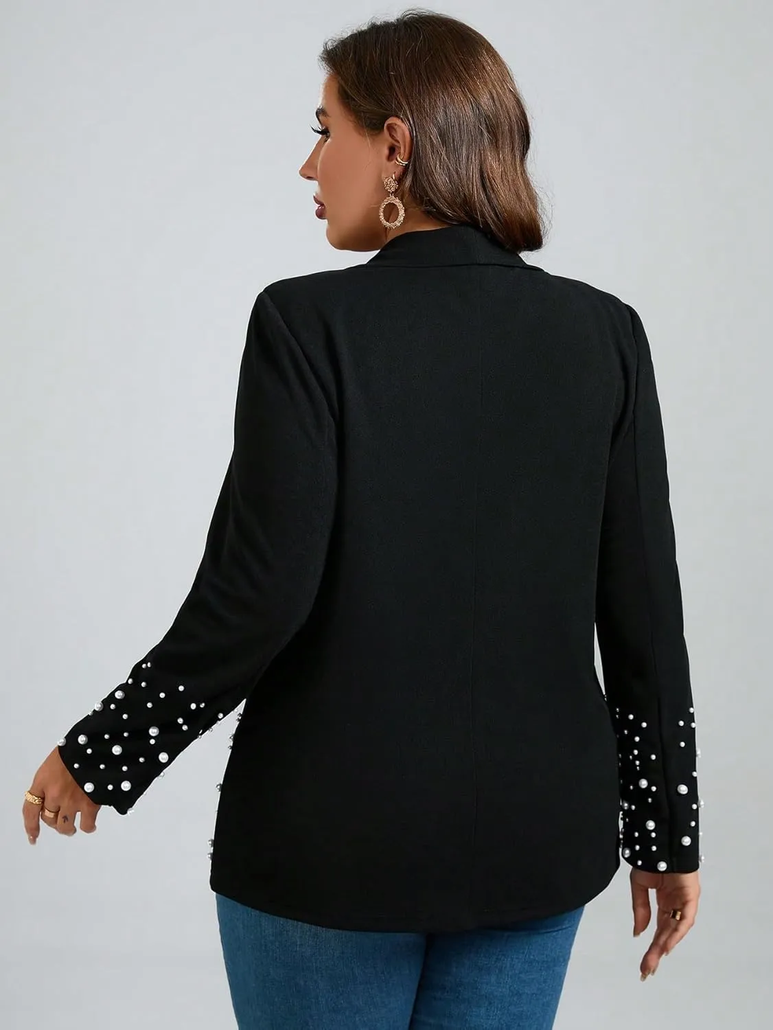 WDIRARA Women's Pearls Trim Blazers Open Front Long Sleeve Shawl Collar Elegant Suits Jackets