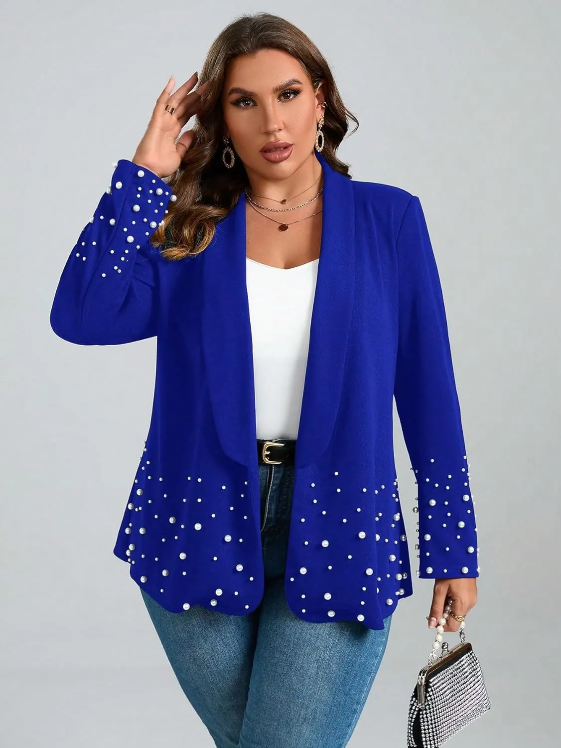 WDIRARA Women's Pearls Trim Blazers Open Front Long Sleeve Shawl Collar Elegant Suits Jackets