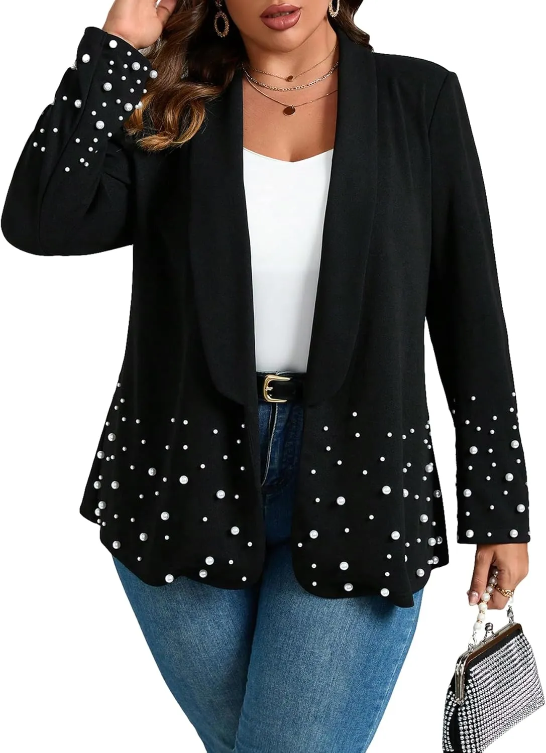 WDIRARA Women's Pearls Trim Blazers Open Front Long Sleeve Shawl Collar Elegant Suits Jackets