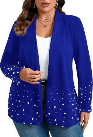 WDIRARA Women's Pearls Trim Blazers Open Front Long Sleeve Shawl Collar Elegant Suits Jackets