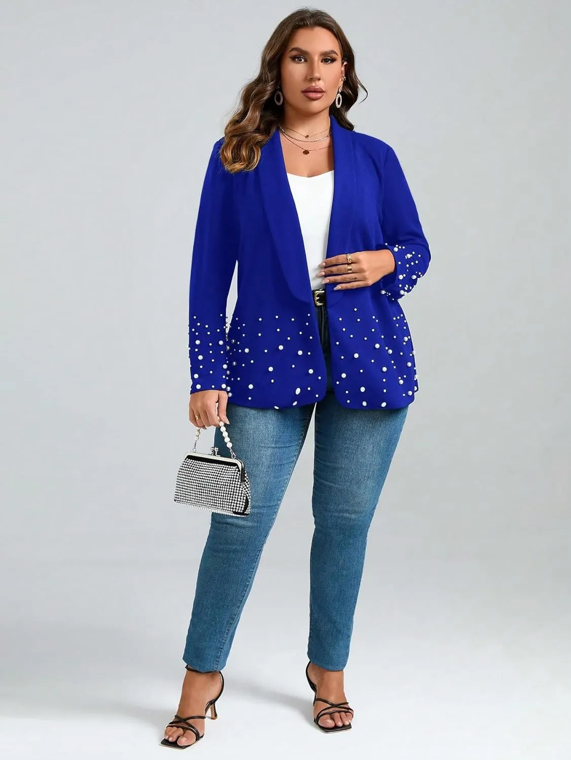 WDIRARA Women's Pearls Trim Blazers Open Front Long Sleeve Shawl Collar Elegant Suits Jackets