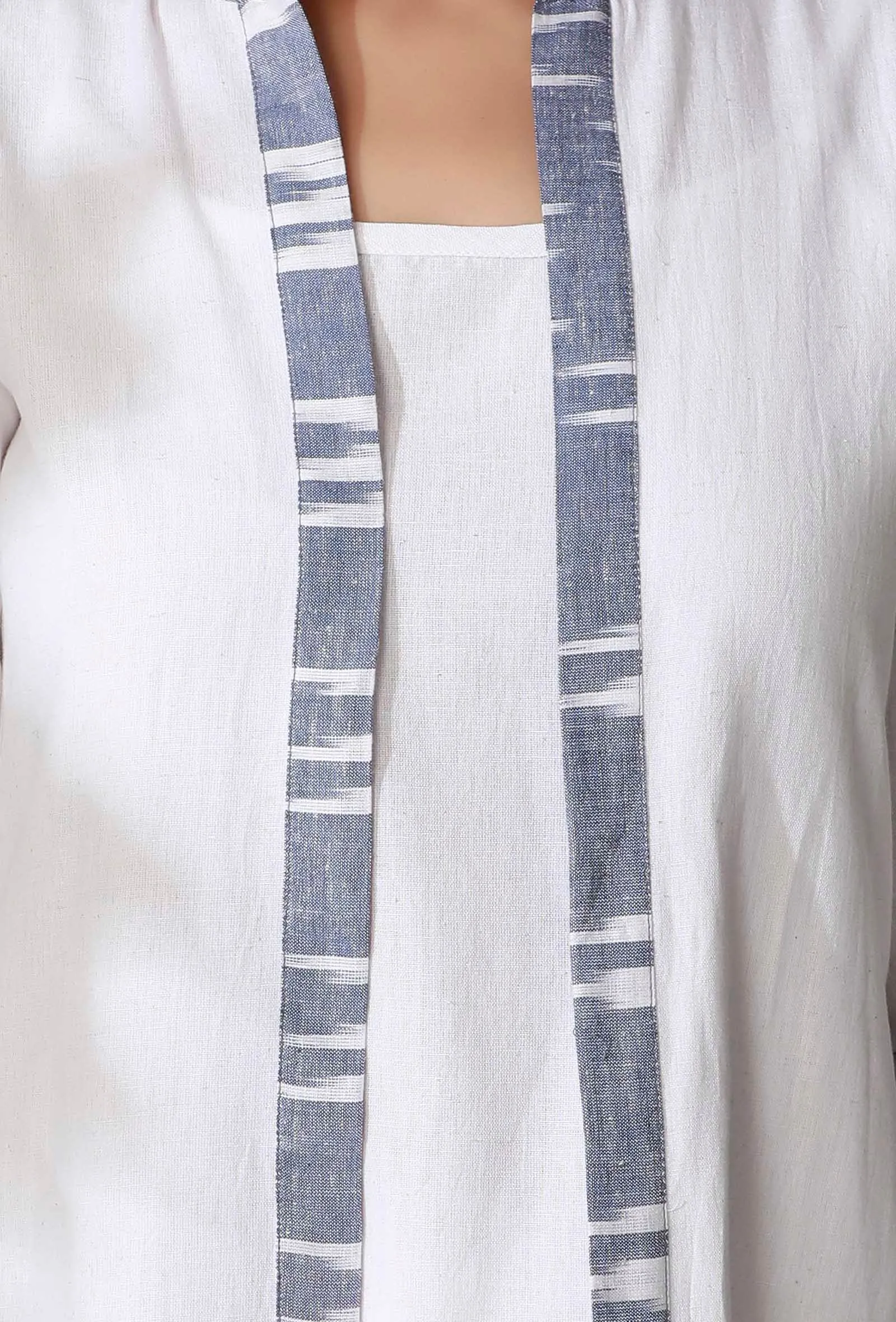 White And Blue Ikkat Gathered Front Open Overlay