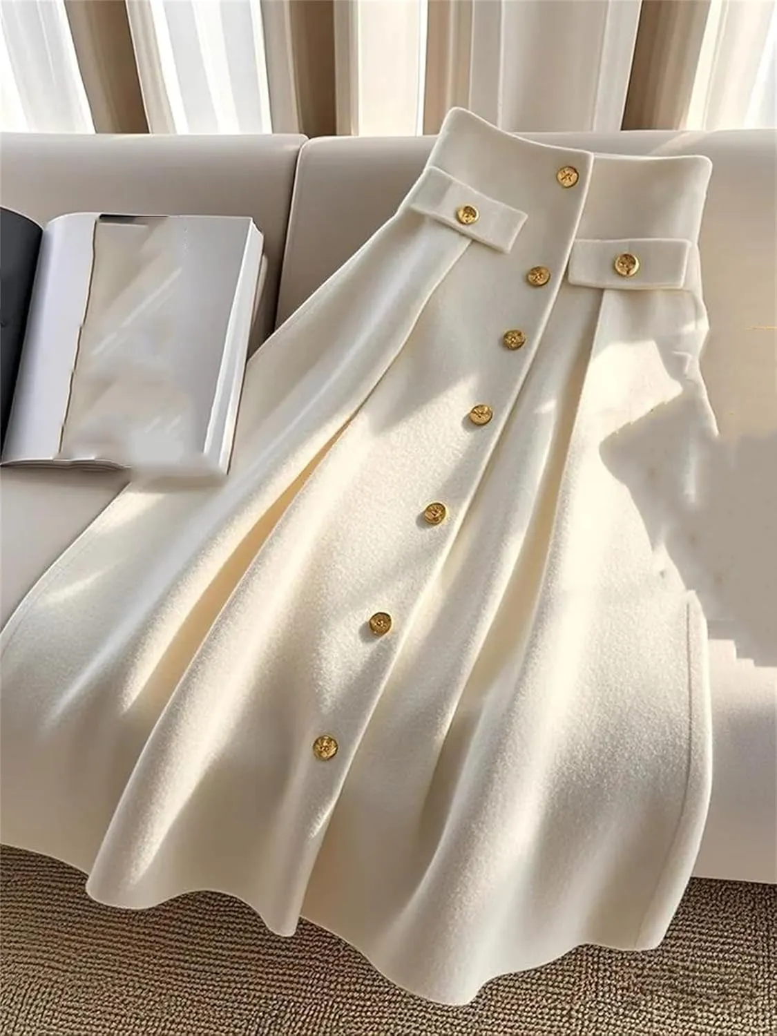 White Knitted High Waist Sliming A-Line Skirt for Women Winter Maxi Skirts