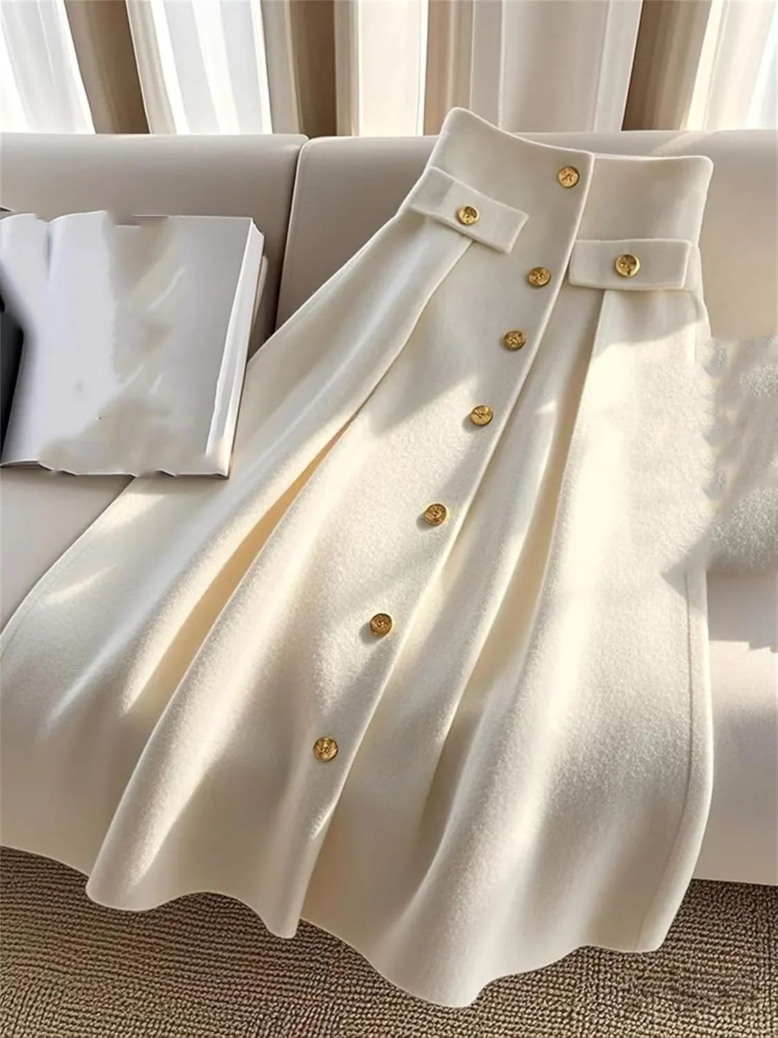White Knitted High Waist Sliming A-Line Skirt for Women Winter Maxi Skirts