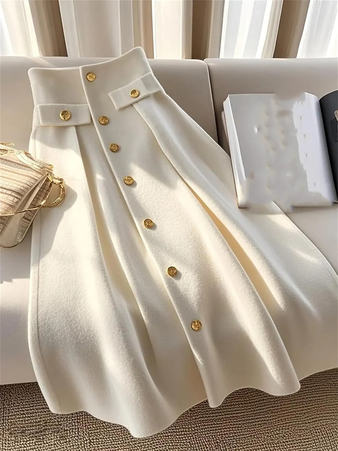 White Knitted High Waist Sliming A-Line Skirt for Women Winter Maxi Skirts