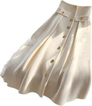 White Knitted High Waist Sliming A-Line Skirt for Women Winter Maxi Skirts