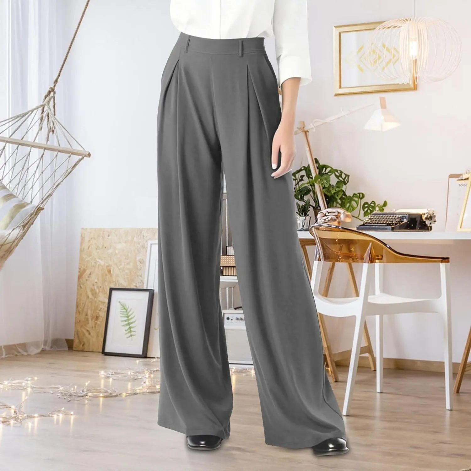 Wide Leg Pants for Women Stretchy Palazzo Pants High Elastic Waisted Button Down Long Trousers