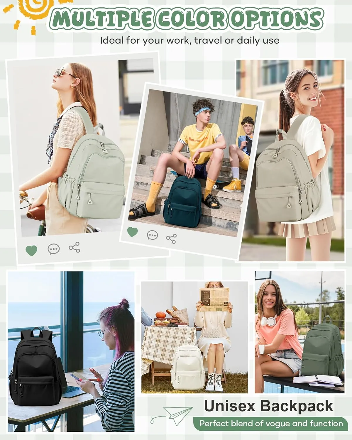 winspansy Backpack for School Teenage Girls Boys,Waterproof Lightweight School Bags Travel Daypack Simple Cute College Backpack Rucksack for Women Men fit 14 Inch Laptop,Light Green