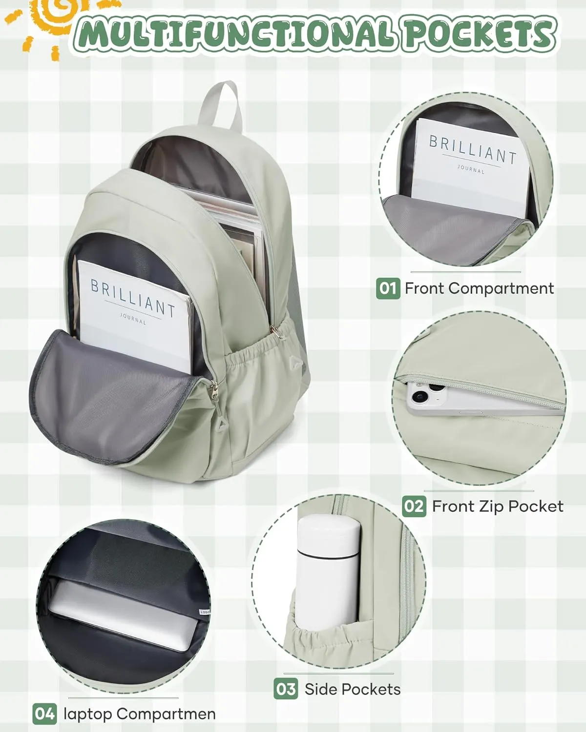 winspansy Backpack for School Teenage Girls Boys,Waterproof Lightweight School Bags Travel Daypack Simple Cute College Backpack Rucksack for Women Men fit 14 Inch Laptop,Light Green