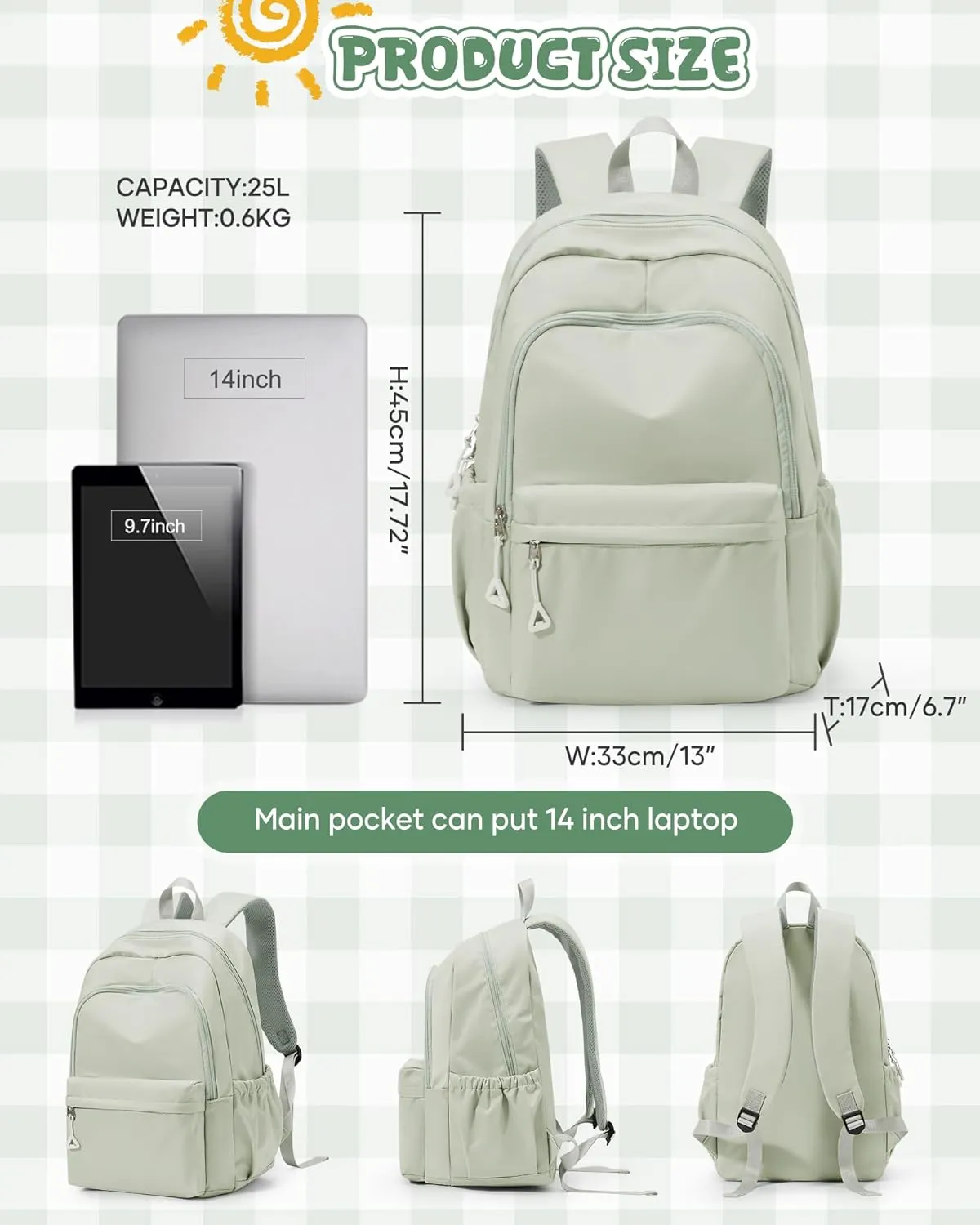 winspansy Backpack for School Teenage Girls Boys,Waterproof Lightweight School Bags Travel Daypack Simple Cute College Backpack Rucksack for Women Men fit 14 Inch Laptop,Light Green