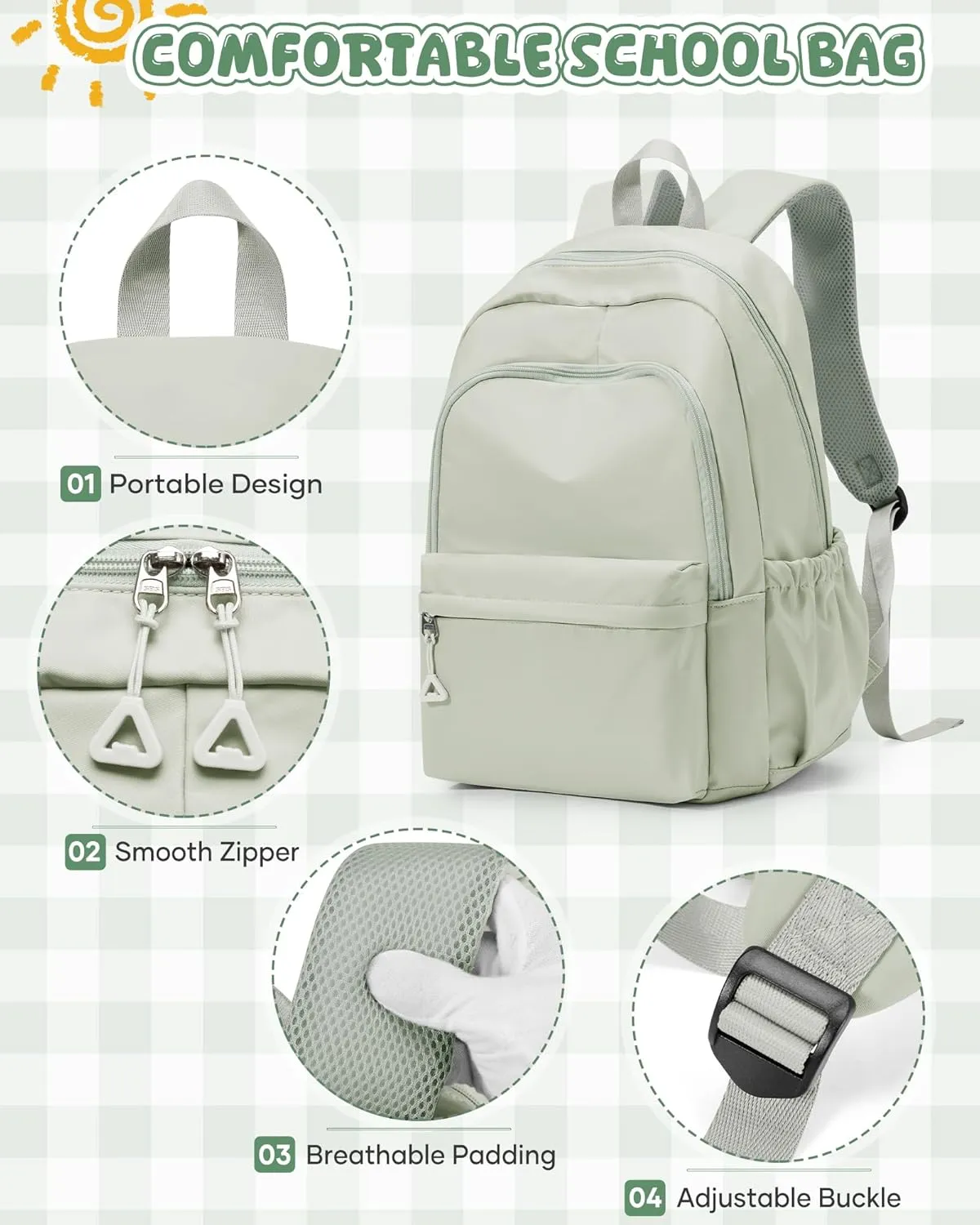 winspansy Backpack for School Teenage Girls Boys,Waterproof Lightweight School Bags Travel Daypack Simple Cute College Backpack Rucksack for Women Men fit 14 Inch Laptop,Light Green