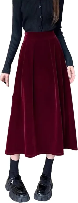Winter Warm Fleece Vinatge A-Line Skirts for Women Elegant High Waist Black Ladies Fashion Midi Pleated Skirt