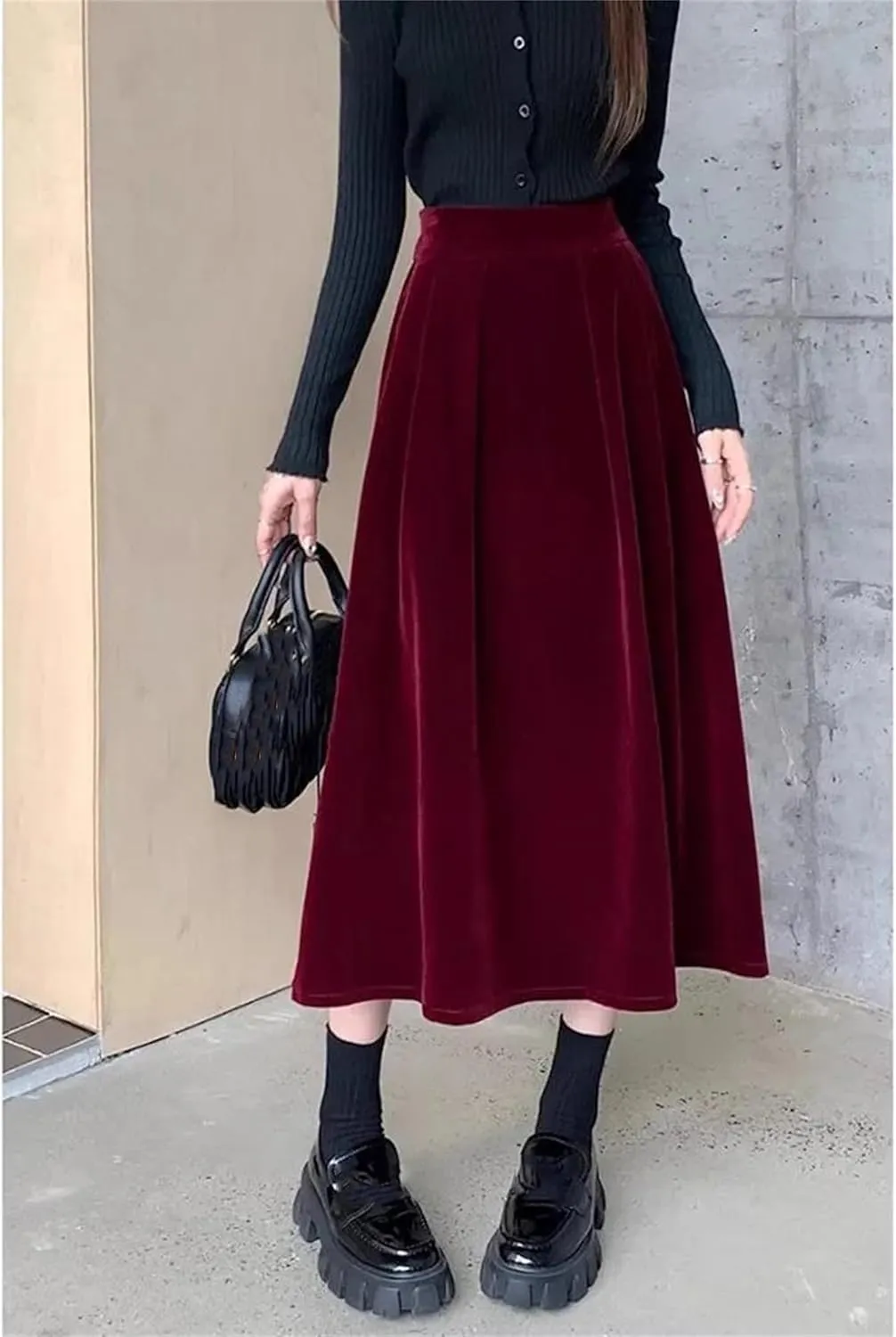 Winter Warm Fleece Vinatge A-Line Skirts for Women Elegant High Waist Black Ladies Fashion Midi Pleated Skirt