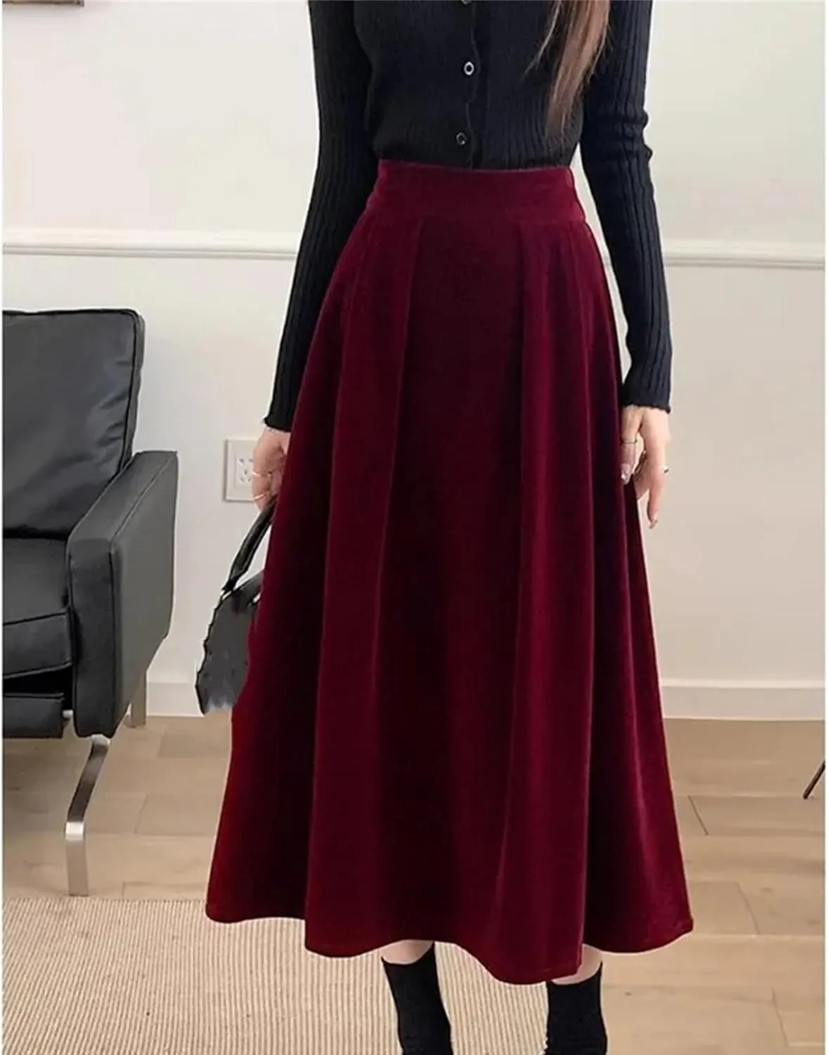 Winter Warm Fleece Vinatge A-Line Skirts for Women Elegant High Waist Black Ladies Fashion Midi Pleated Skirt