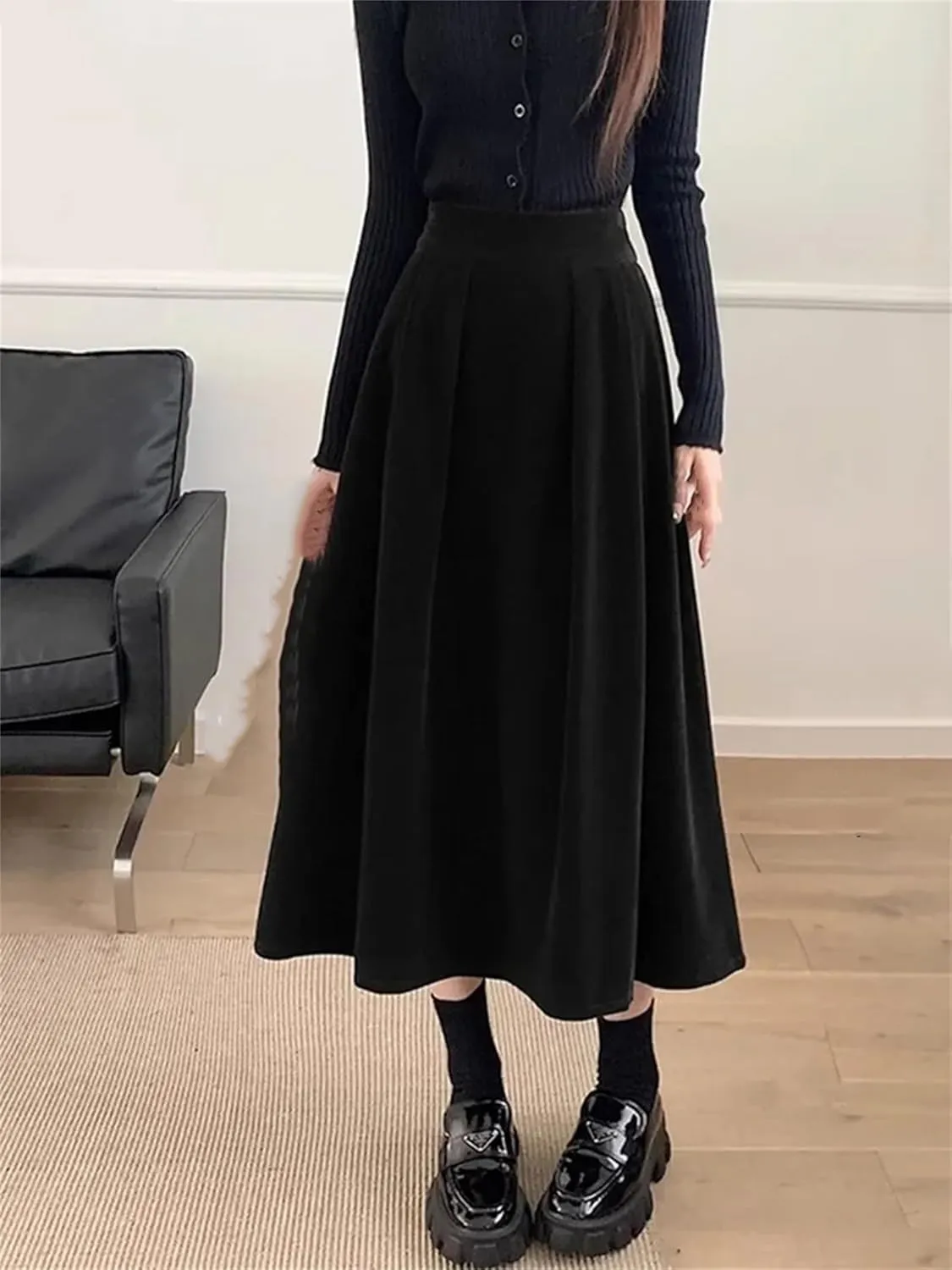 Winter Warm Fleece Vinatge A-Line Skirts for Women Elegant High Waist Black Ladies Fashion Midi Pleated Skirt