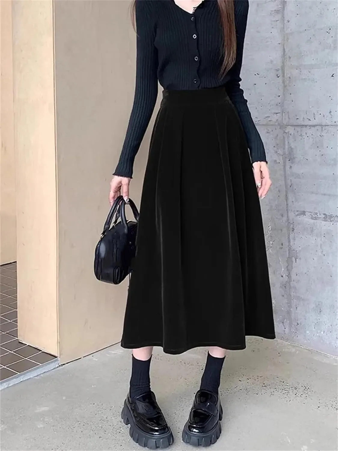 Winter Warm Fleece Vinatge A-Line Skirts for Women Elegant High Waist Black Ladies Fashion Midi Pleated Skirt