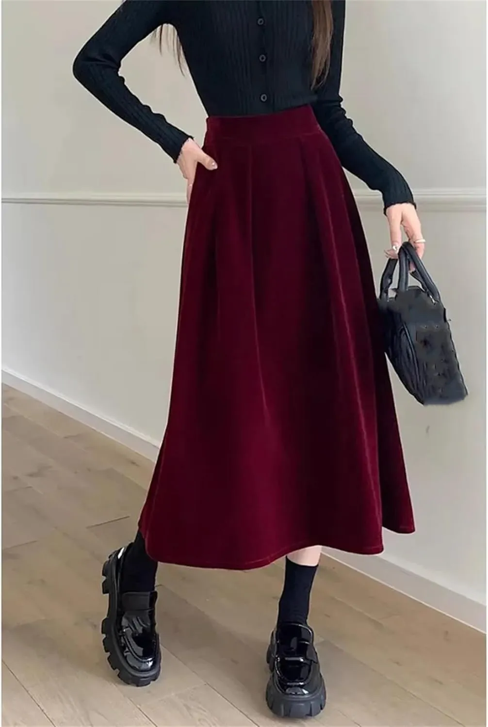 Winter Warm Fleece Vinatge A-Line Skirts for Women Elegant High Waist Black Ladies Fashion Midi Pleated Skirt