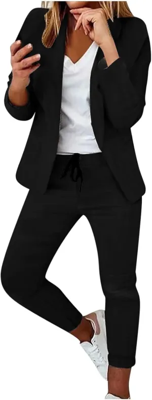 Women Blazer Set 2 Piece Outfits,Plaid Print Long Sleeve Blazer with Drawstring Pants Solid Business Casual Suit Set