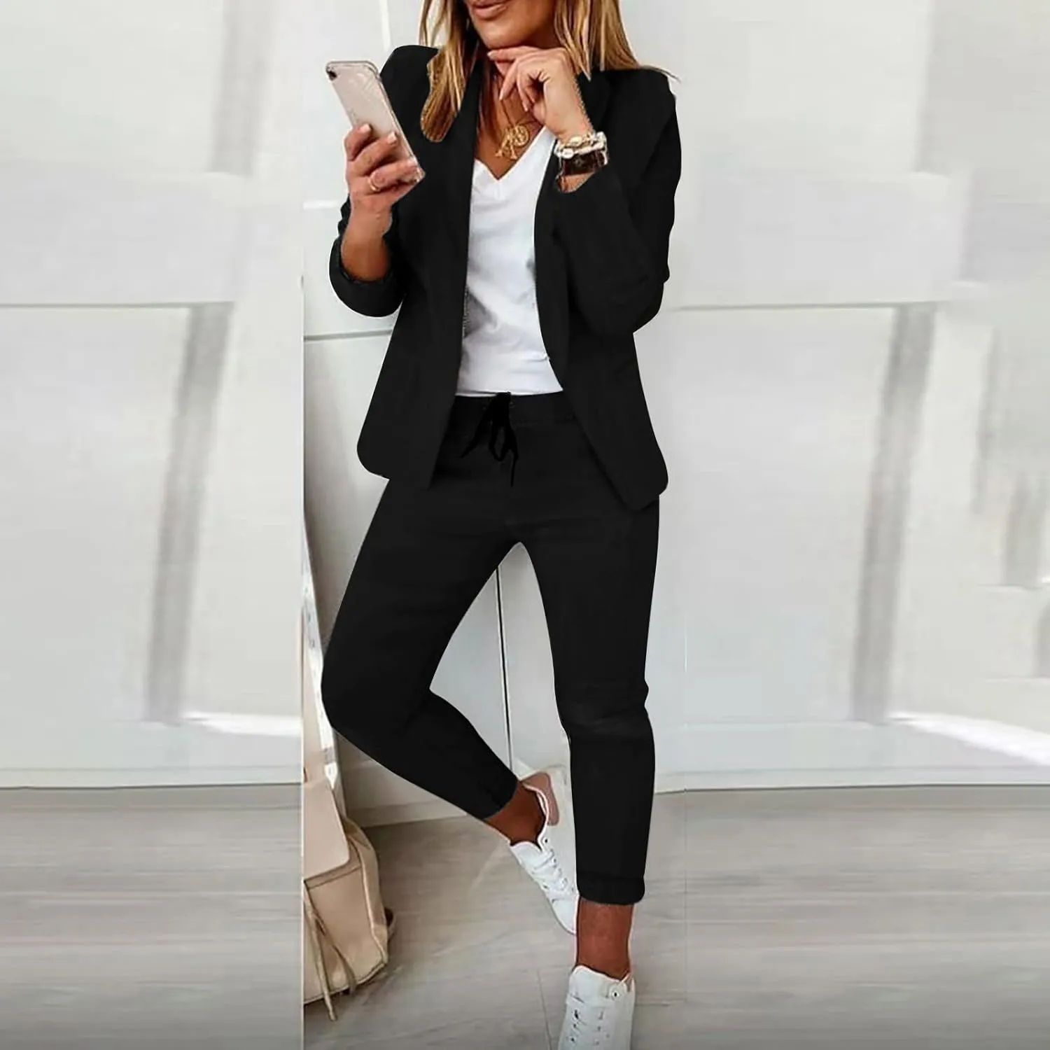 Women Blazer Set 2 Piece Outfits,Plaid Print Long Sleeve Blazer with Drawstring Pants Solid Business Casual Suit Set