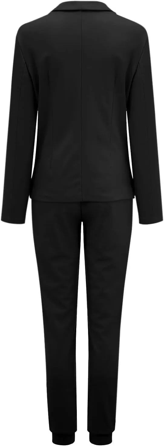 Women Blazer Set 2 Piece Outfits,Plaid Print Long Sleeve Blazer with Drawstring Pants Solid Business Casual Suit Set