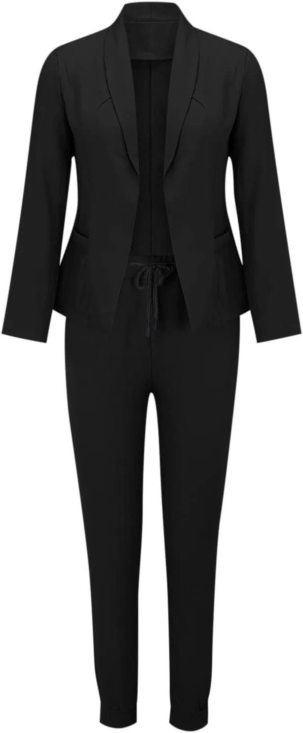 Women Blazer Set 2 Piece Outfits,Plaid Print Long Sleeve Blazer with Drawstring Pants Solid Business Casual Suit Set