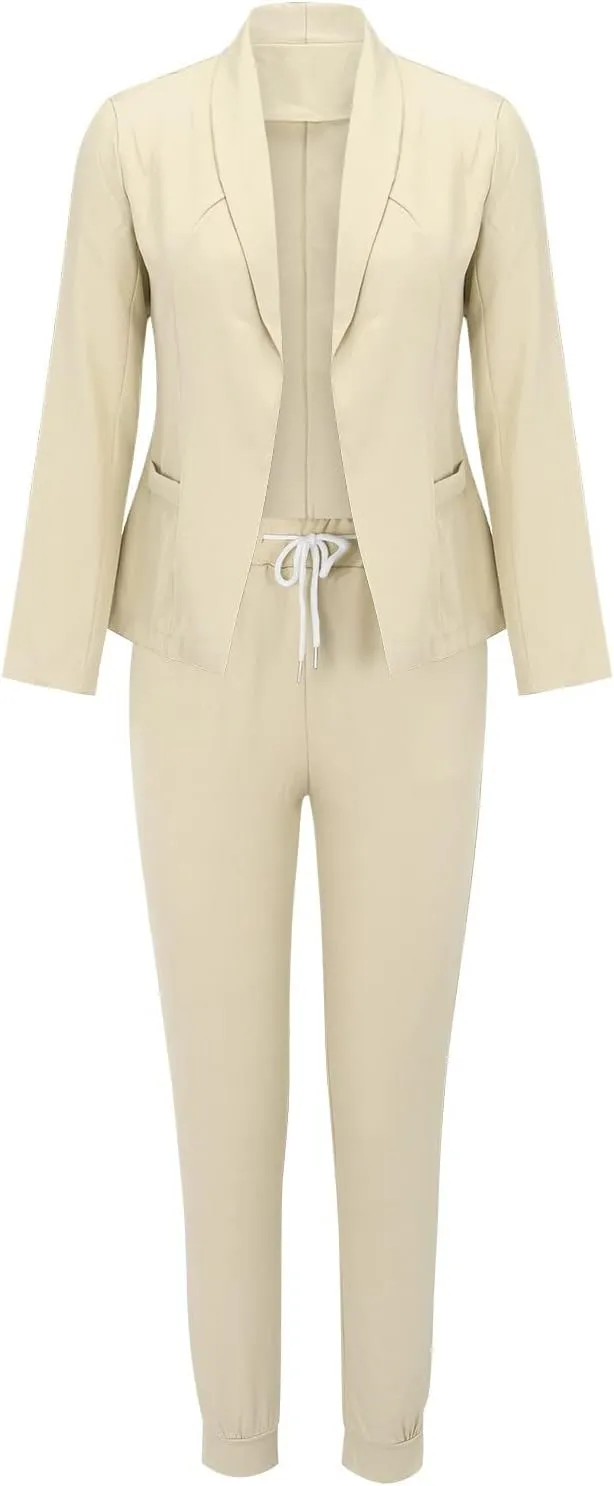Women Blazer Set 2 Piece Outfits,Plaid Print Long Sleeve Blazer with Drawstring Pants Solid Business Casual Suit Set