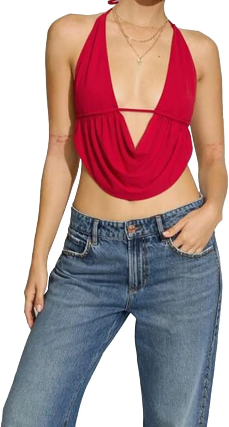 Women Cowl Neck Top Y2K Halter Backless Sexy Going Out Crop Top Party Clubwear