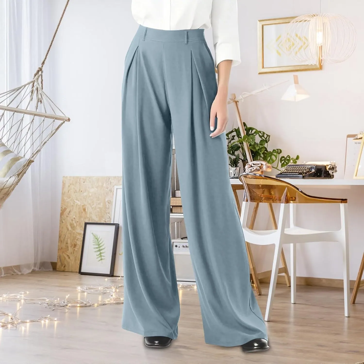 Women Elastic High Waist Palazzo Pants Casual Wide Leg Trousers Loose Work Office Business Suit Pant with Pockets