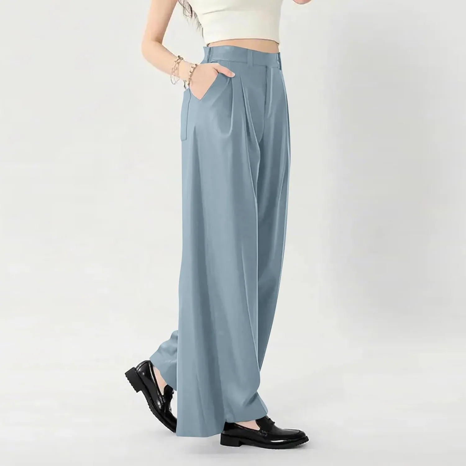 Women Elastic High Waist Palazzo Pants Casual Wide Leg Trousers Loose Work Office Business Suit Pant with Pockets