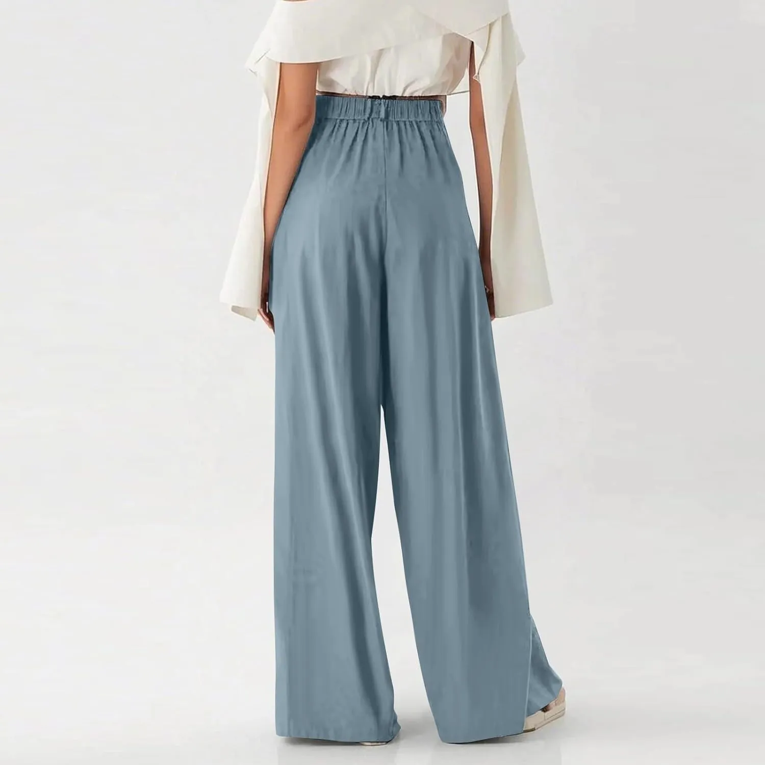 Women Elastic High Waist Palazzo Pants Casual Wide Leg Trousers Loose Work Office Business Suit Pant with Pockets