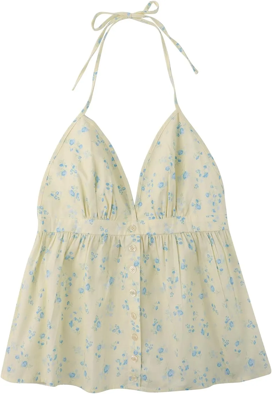 Women Floral Deep V Neck Halter Tops Sleeveless Button Down Backless A Line Camisole Ruffle A Line Babydoll Shirt