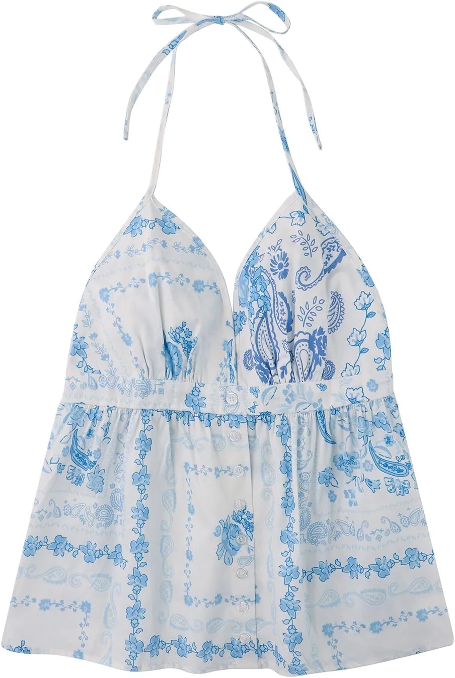 Women Floral Deep V Neck Halter Tops Sleeveless Button Down Backless A Line Camisole Ruffle A Line Babydoll Shirt