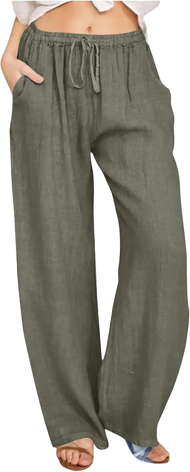 Women Flowy Pants Causal Summer Wide Leg Palazzo Pants High Waist Long Lounge Slacks Beach Trousers with Pockets