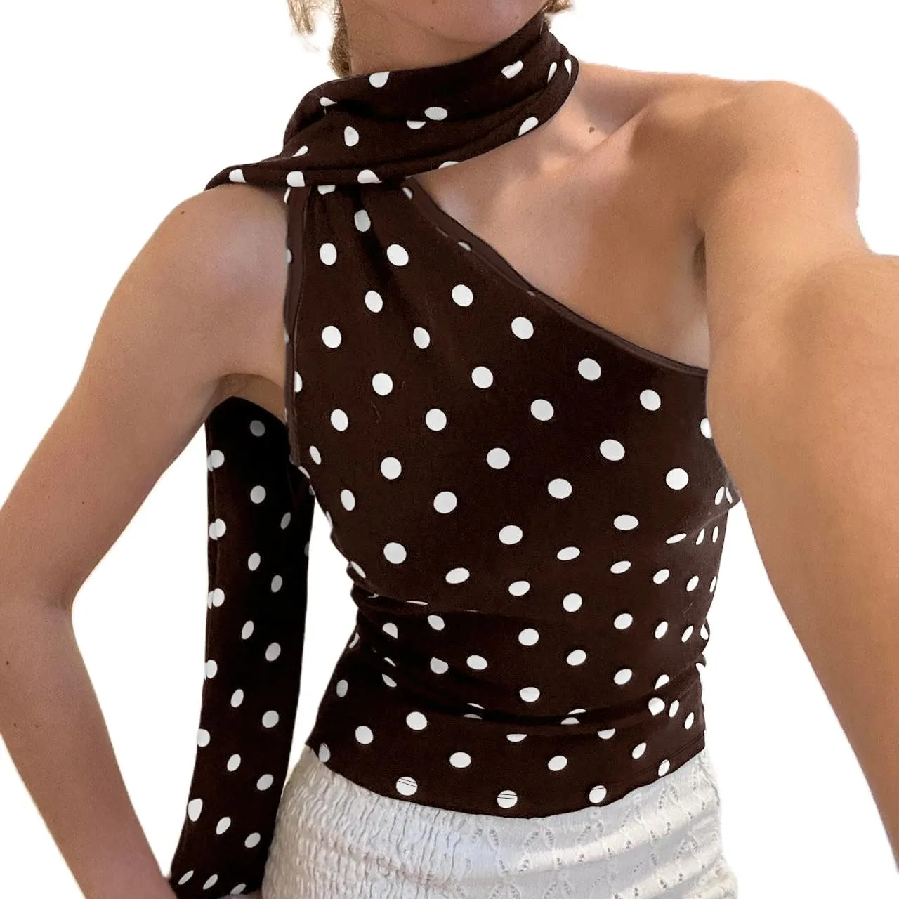 Women Halter Tank Tops with Scarf Y2K Polka Dot Print Camisole Sexy Tie Up Backless Going Out Crop Top