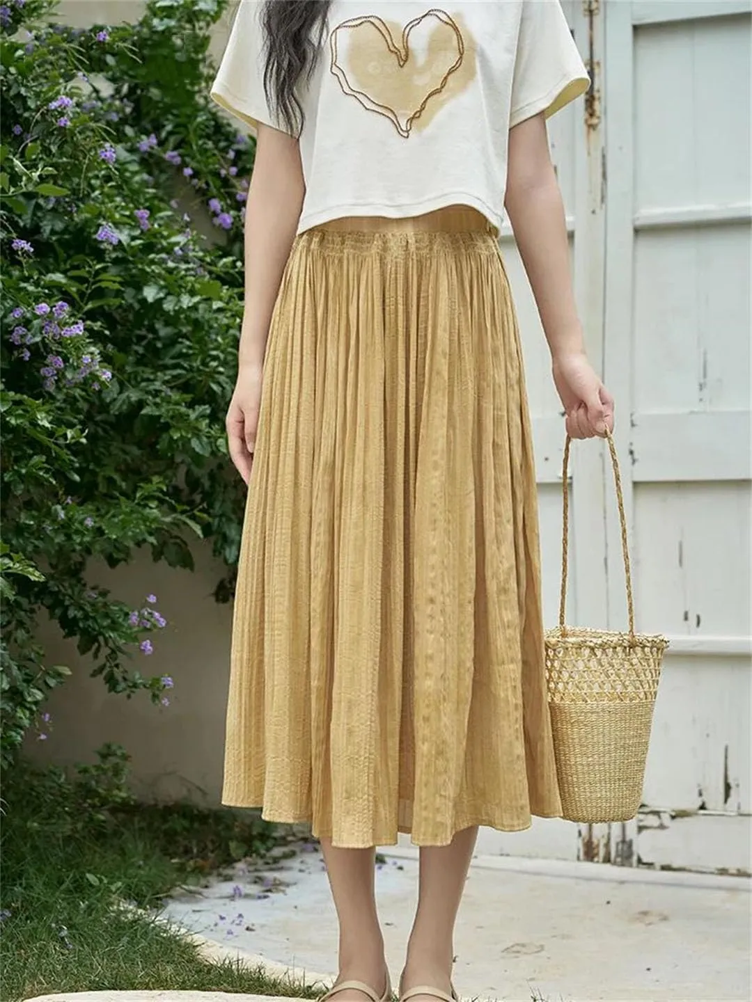 Women High Waist Solid Pleated A-Line Skirt Back Elastic Waist Midi Skirt