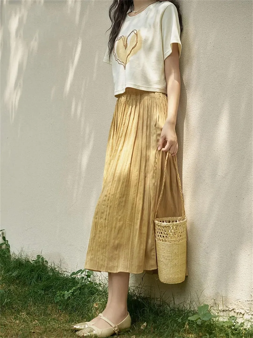 Women High Waist Solid Pleated A-Line Skirt Back Elastic Waist Midi Skirt
