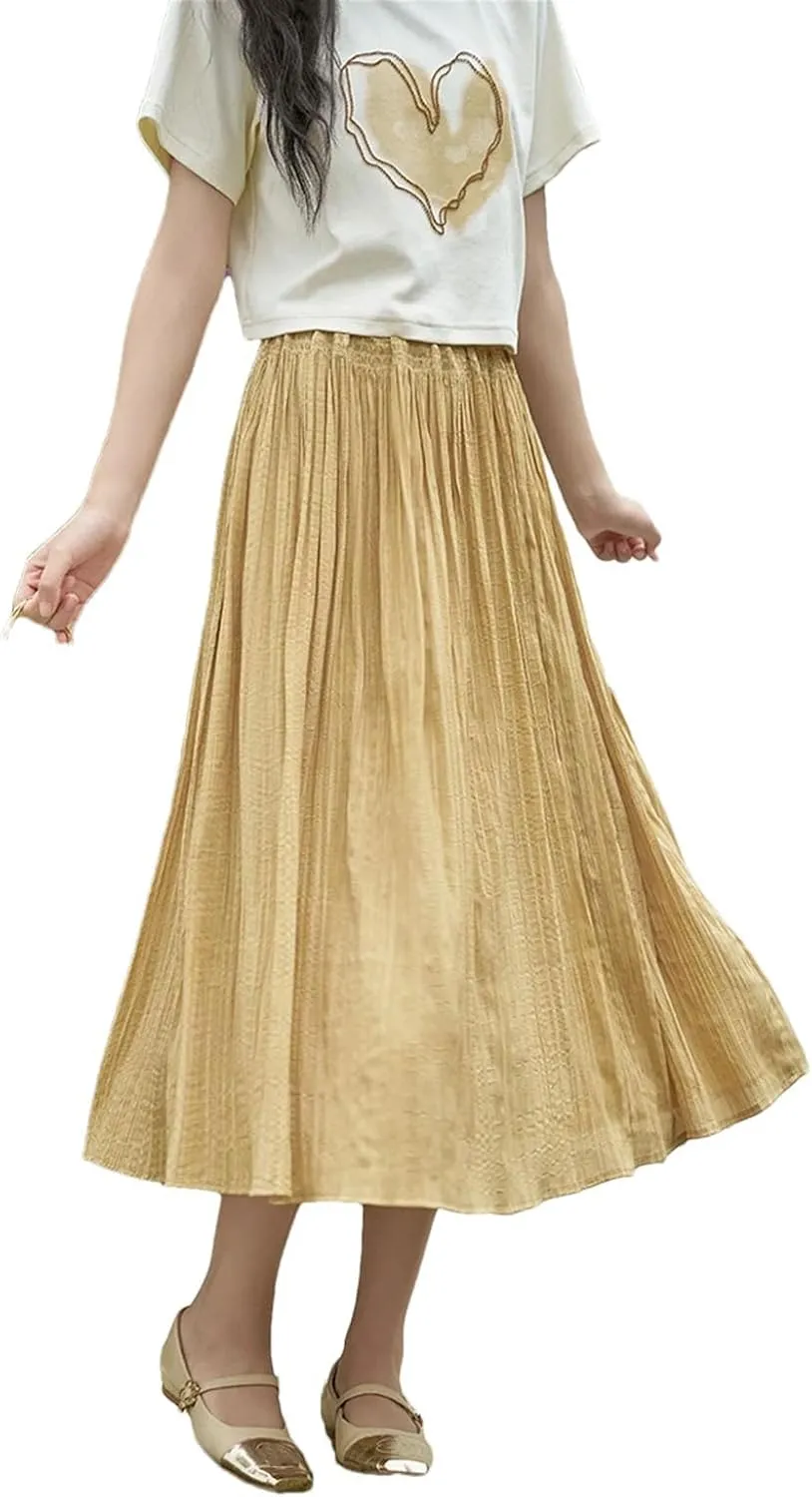Women High Waist Solid Pleated A-Line Skirt Back Elastic Waist Midi Skirt