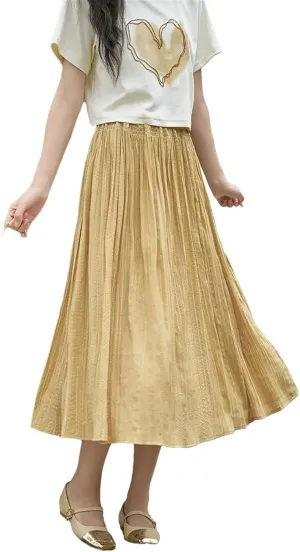 Women High Waist Solid Pleated A-Line Skirt Back Elastic Waist Midi Skirt