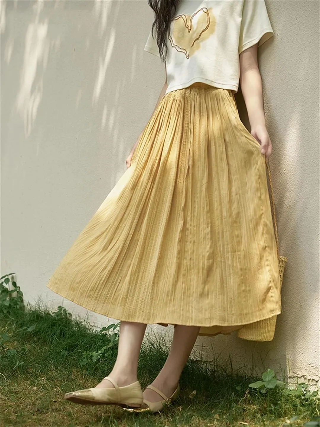 Women High Waist Solid Pleated A-Line Skirt Back Elastic Waist Midi Skirt